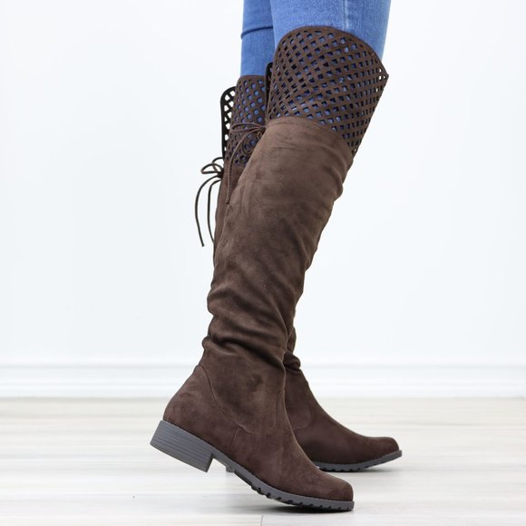 Brown Thigh High Over The Knee Flat Boots Faux Suede - Picture 5 of 14